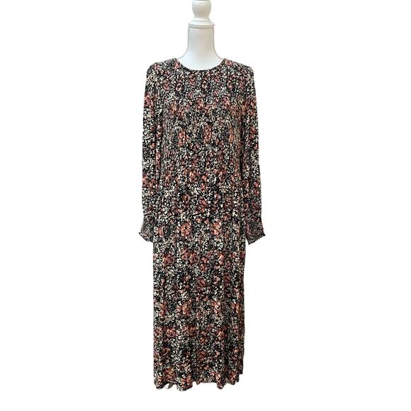 FatFace Fern Shirred Black Floral Print Sz 14 Long Sleeve Spring Long Midi Dress - Picture 2 of 12